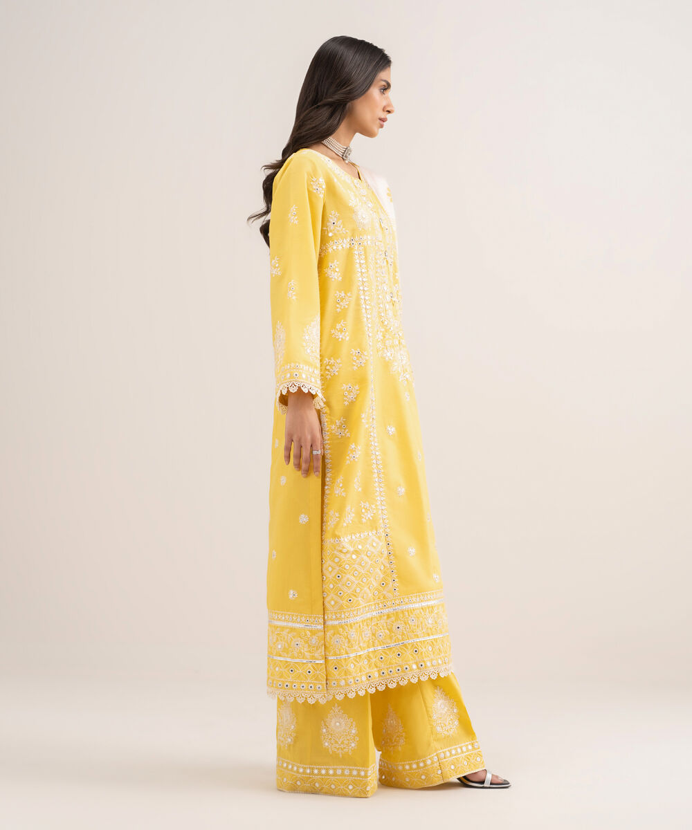 Women's RTW Zari Cotton Embroidered Yellow 3 Piece Suit