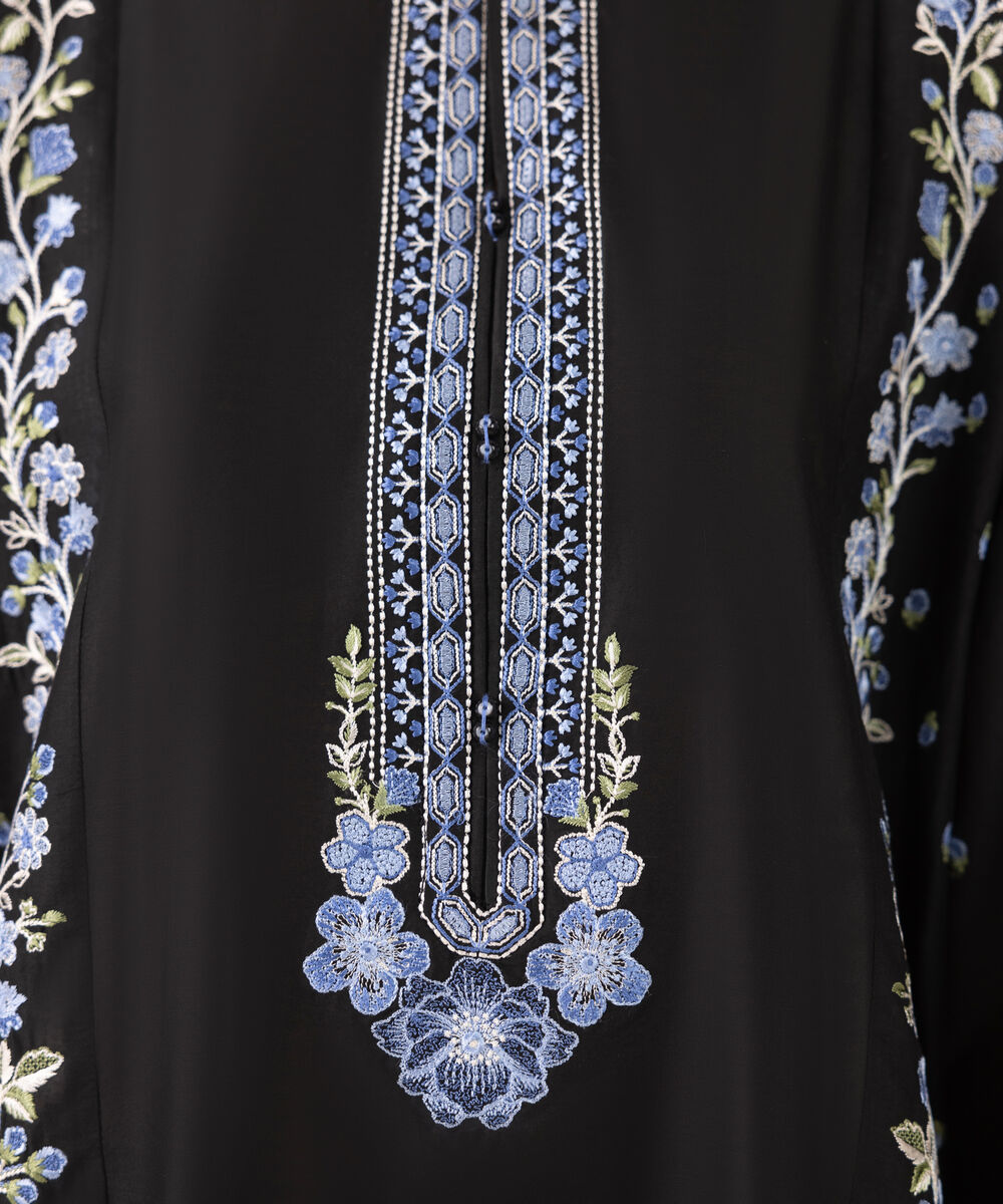 Women's RTW Lawn Black Embroidered A-Line Shirt