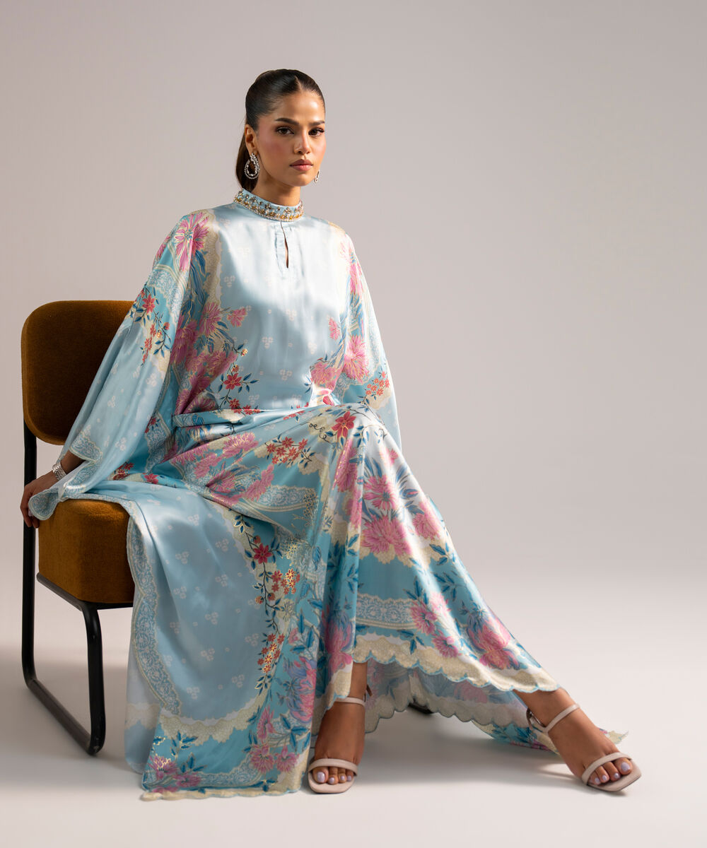 Women's RTW Blended Satin Printed Blue Kaftan