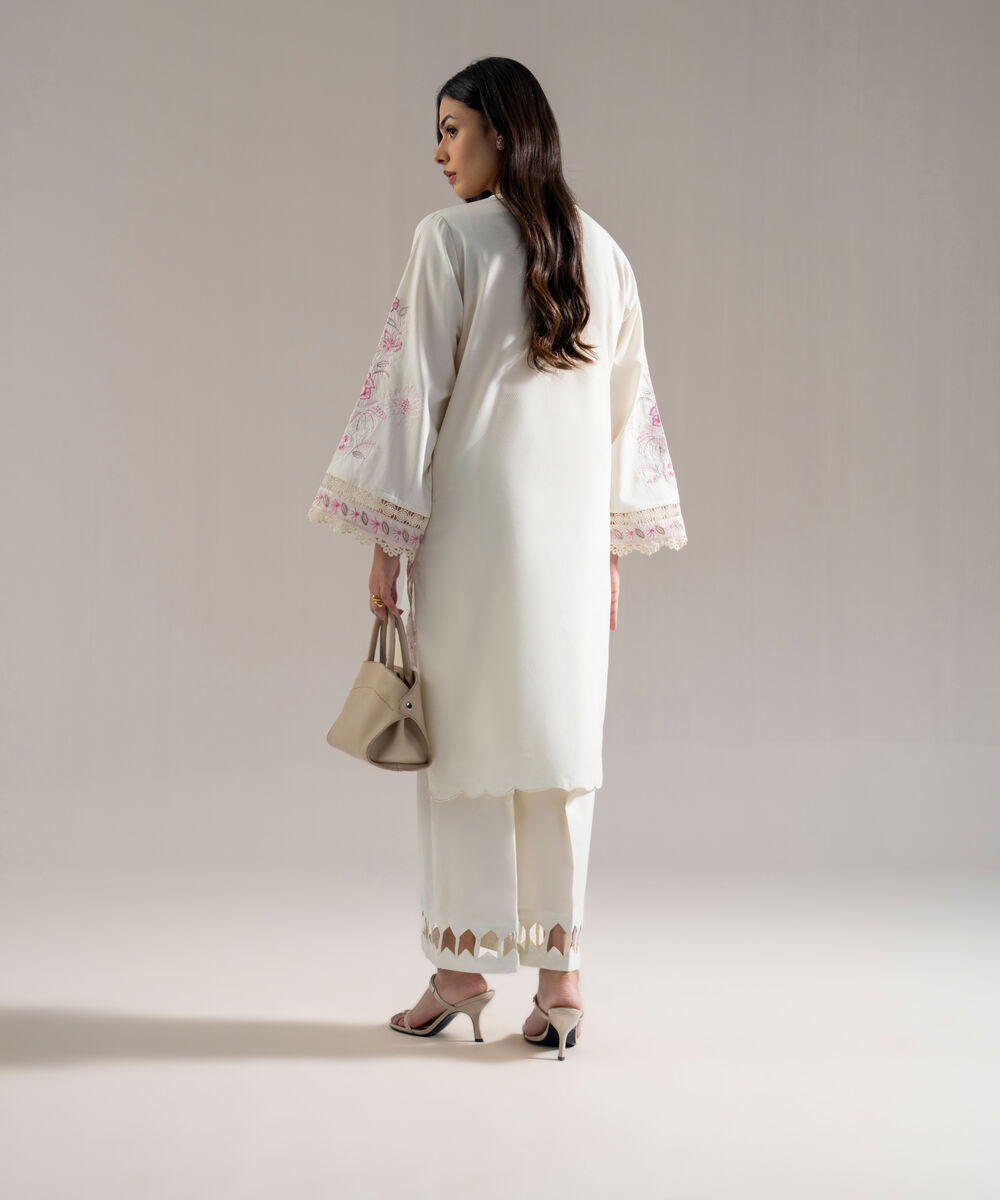 Women's RTW Dobby Solid Embroidered Off White Straight Shirt