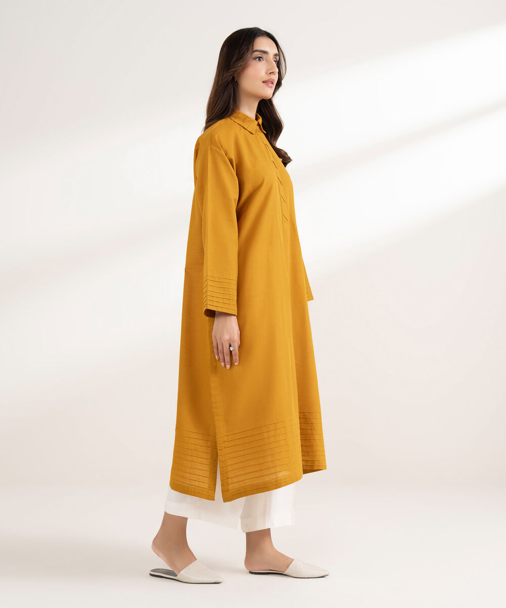 Women's RTW Khaddar Solid Straight Mustard Shirt