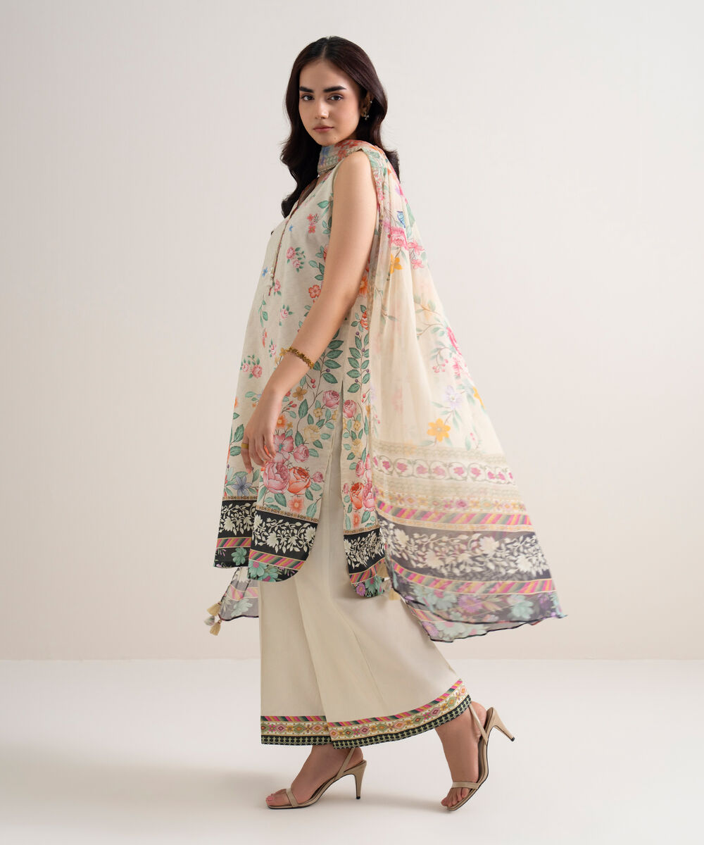 Women's Unstitched Lawn Printed Off White 3 Piece Suit