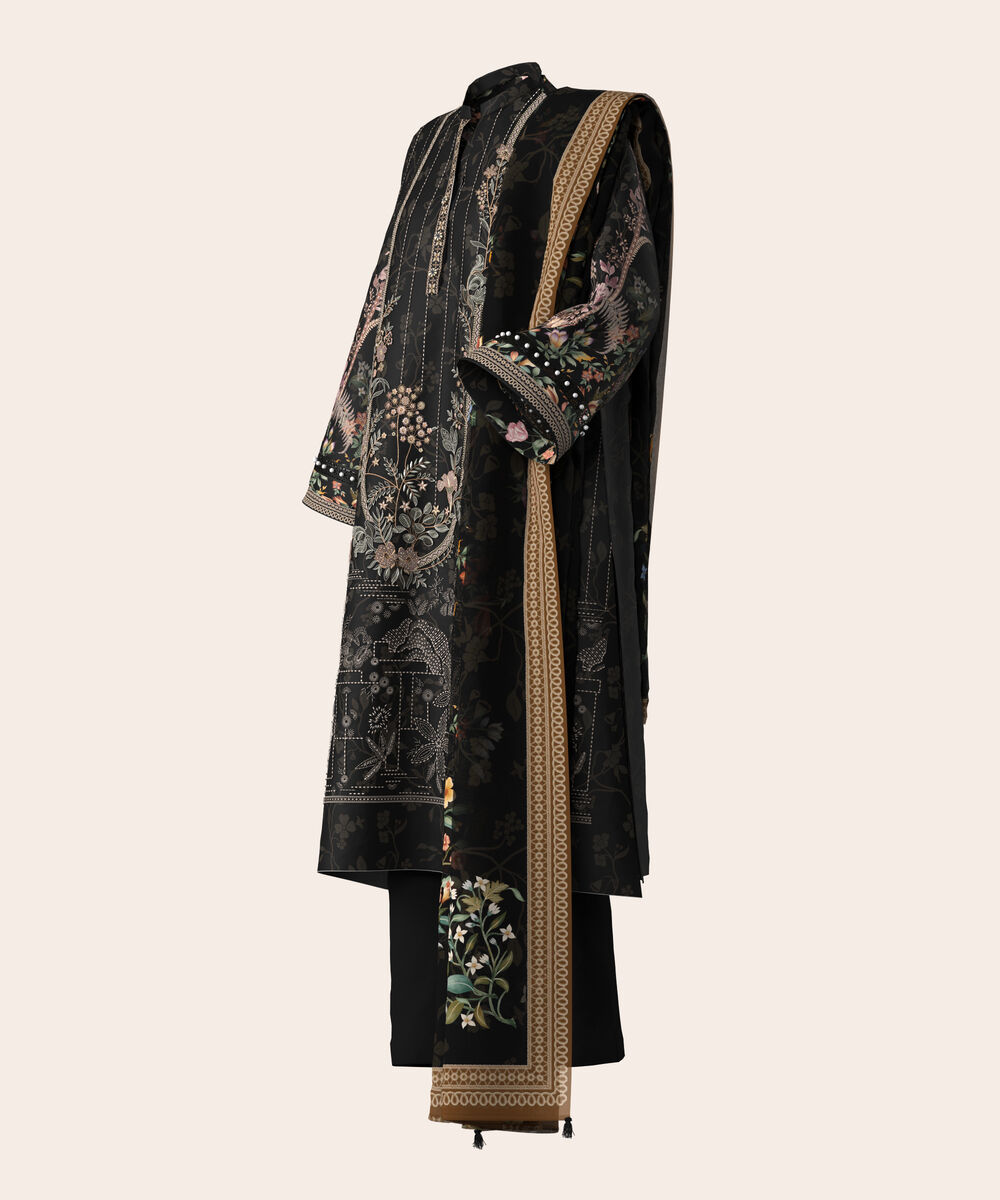 Women's Unstitched Lawn Black  Embroidered 3 Piece Suit