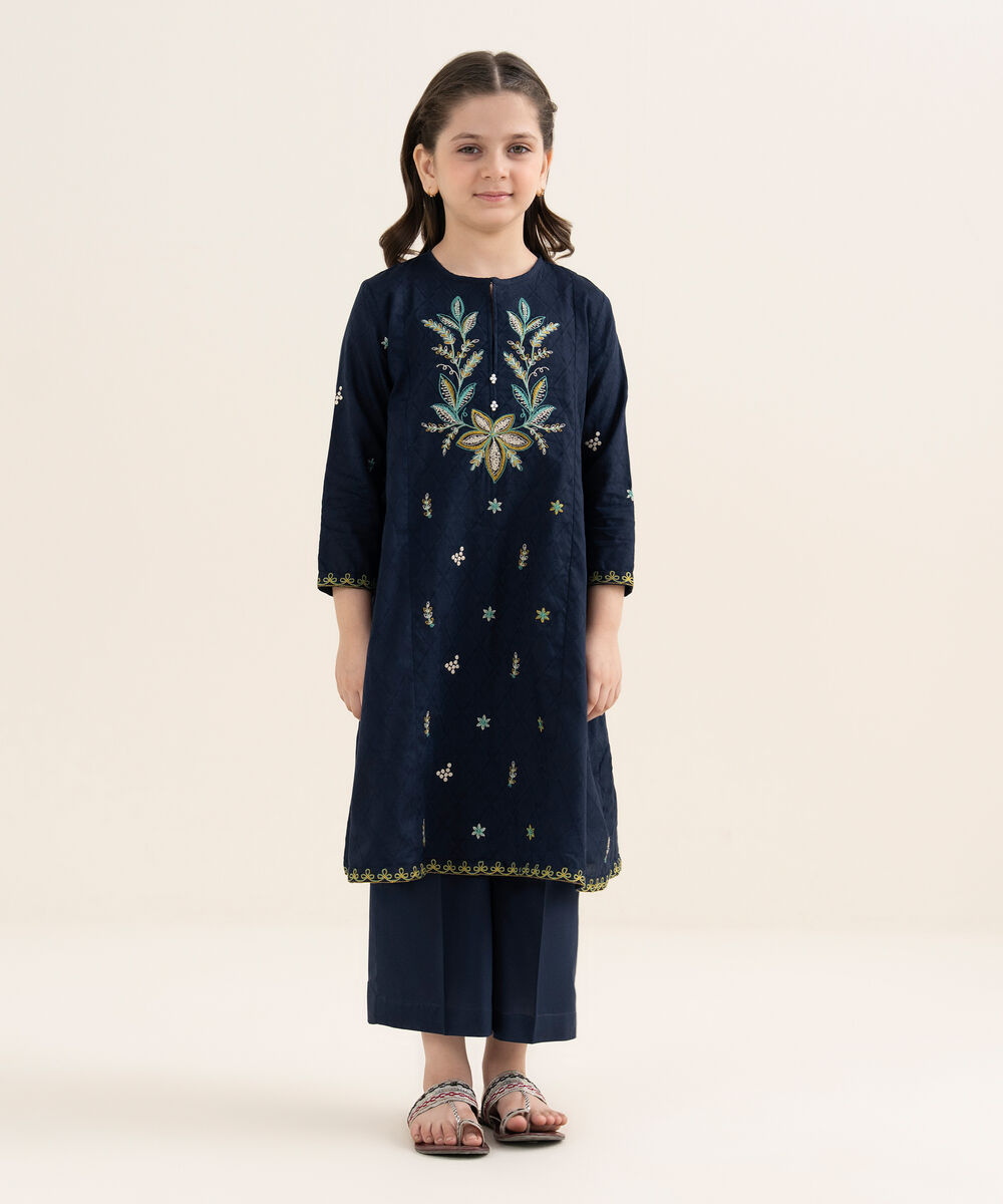 Girl's Cotton Jacquard Embroidered Blue 2 Piece Set