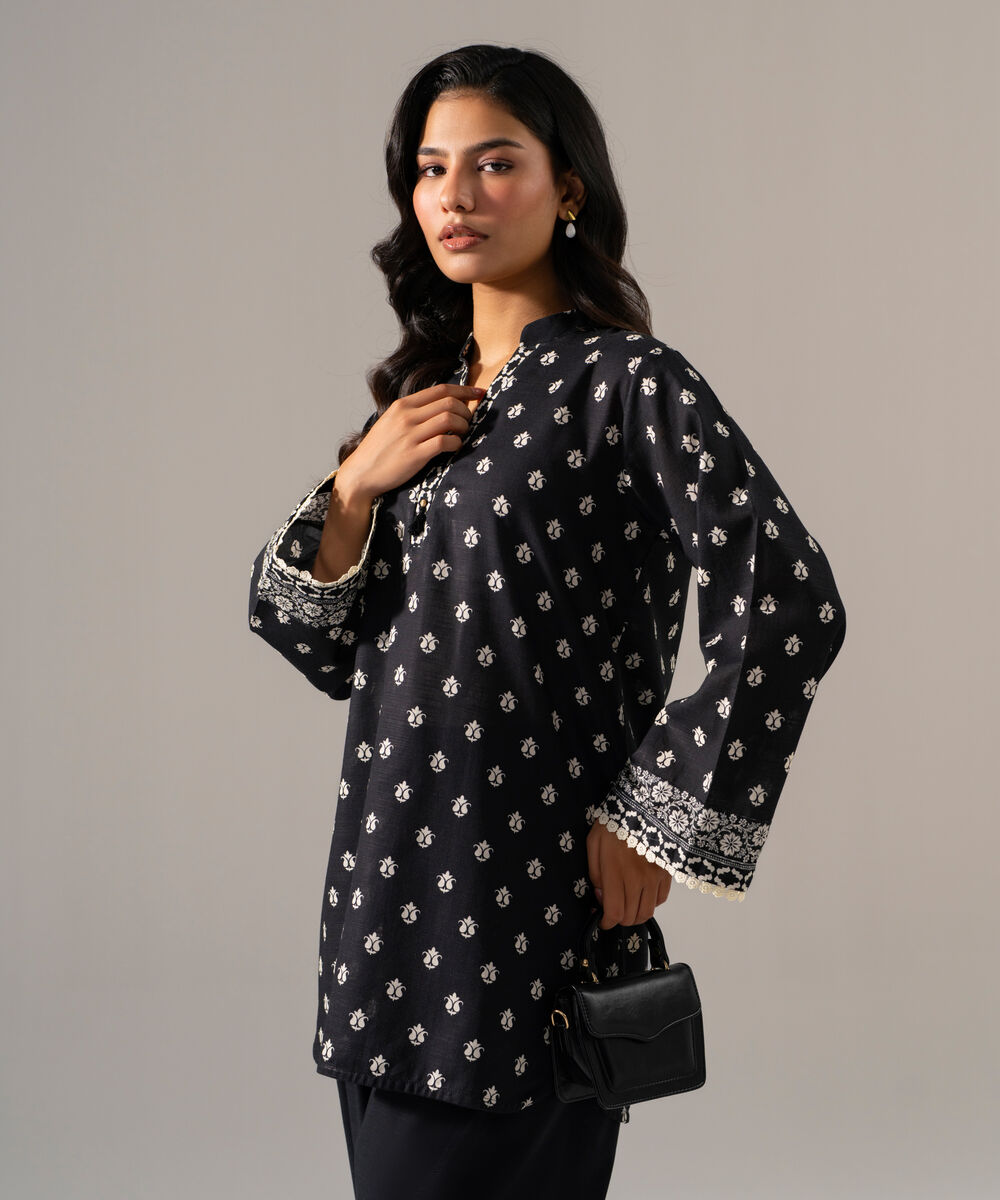 Women's RTW Khaddar Printed Black Straight Shirt