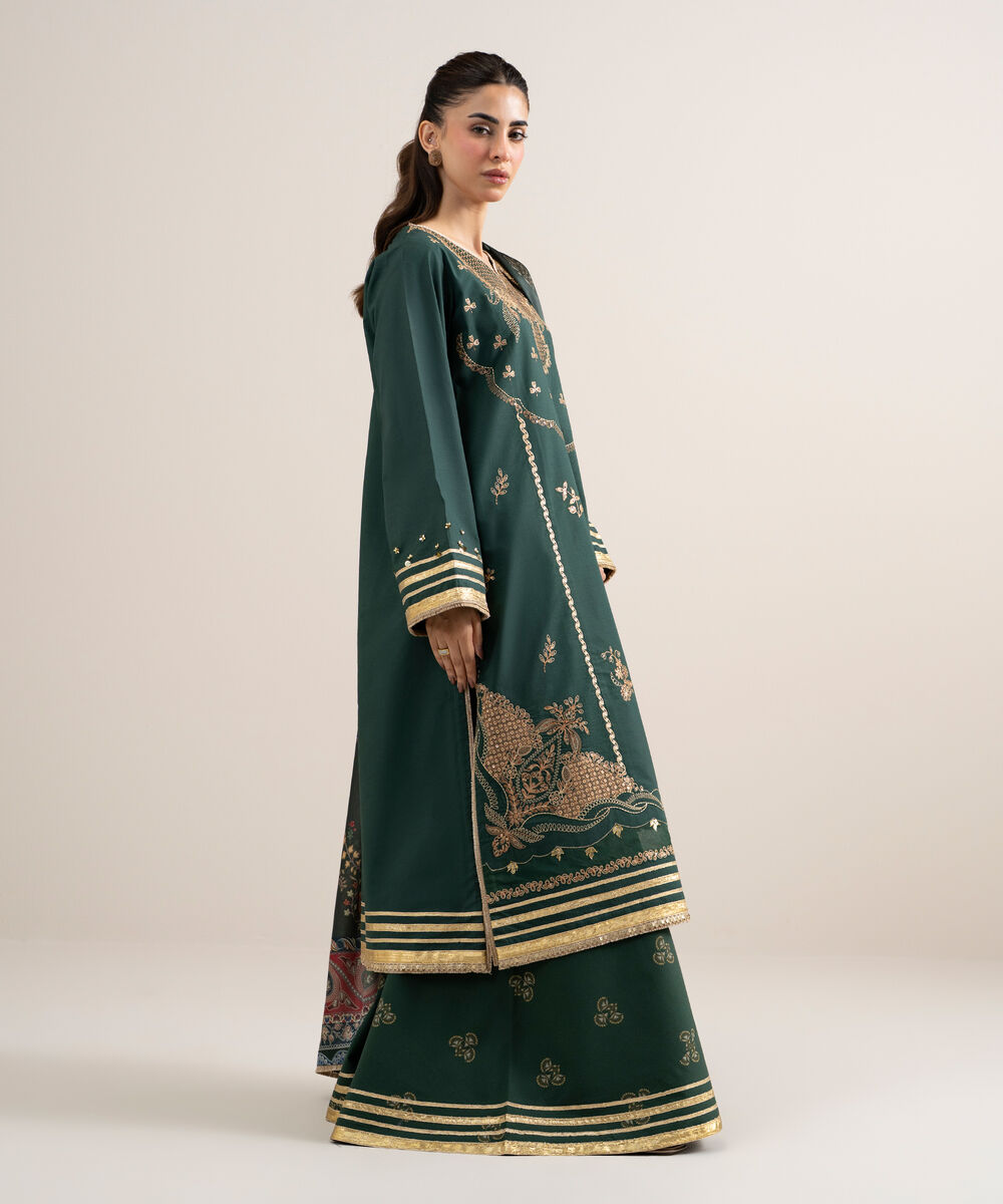 Women's Unstitched Dobby Embroidered Green 3 Piece Suit