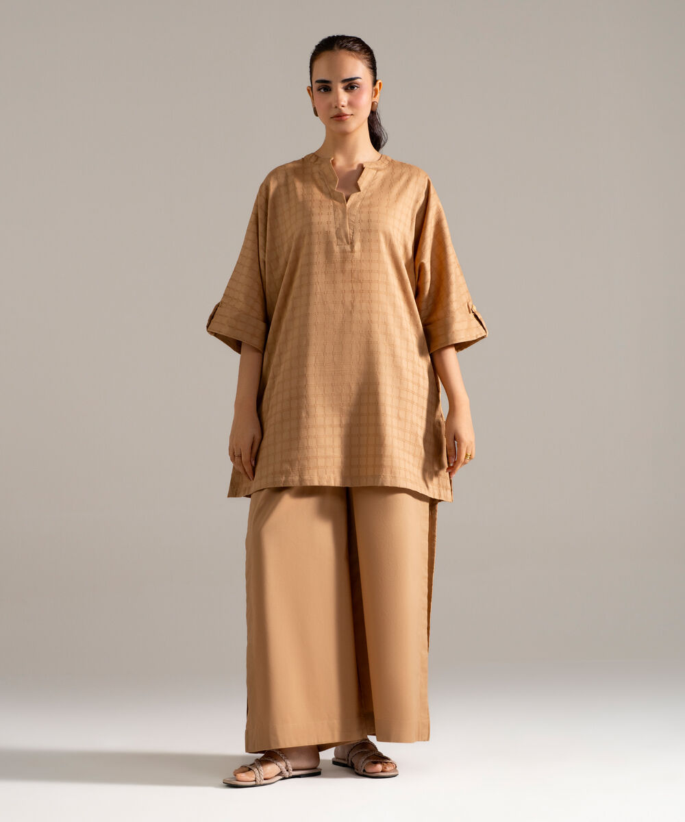 Women's RTW Dobby Printed Beige Drop Shoulder Shirt