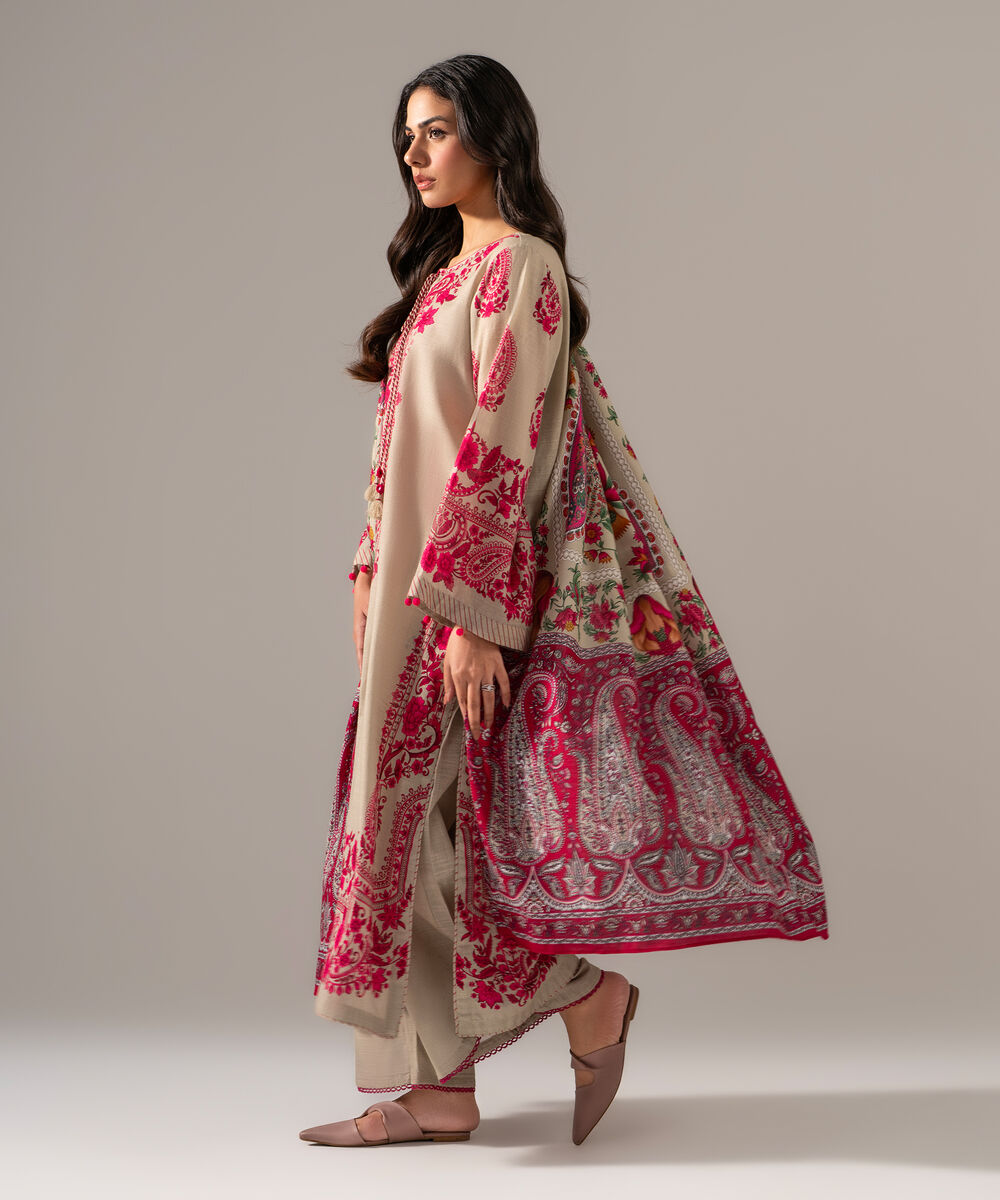 Women's RTW Khaddar Printed Beige 3 Piece Suit