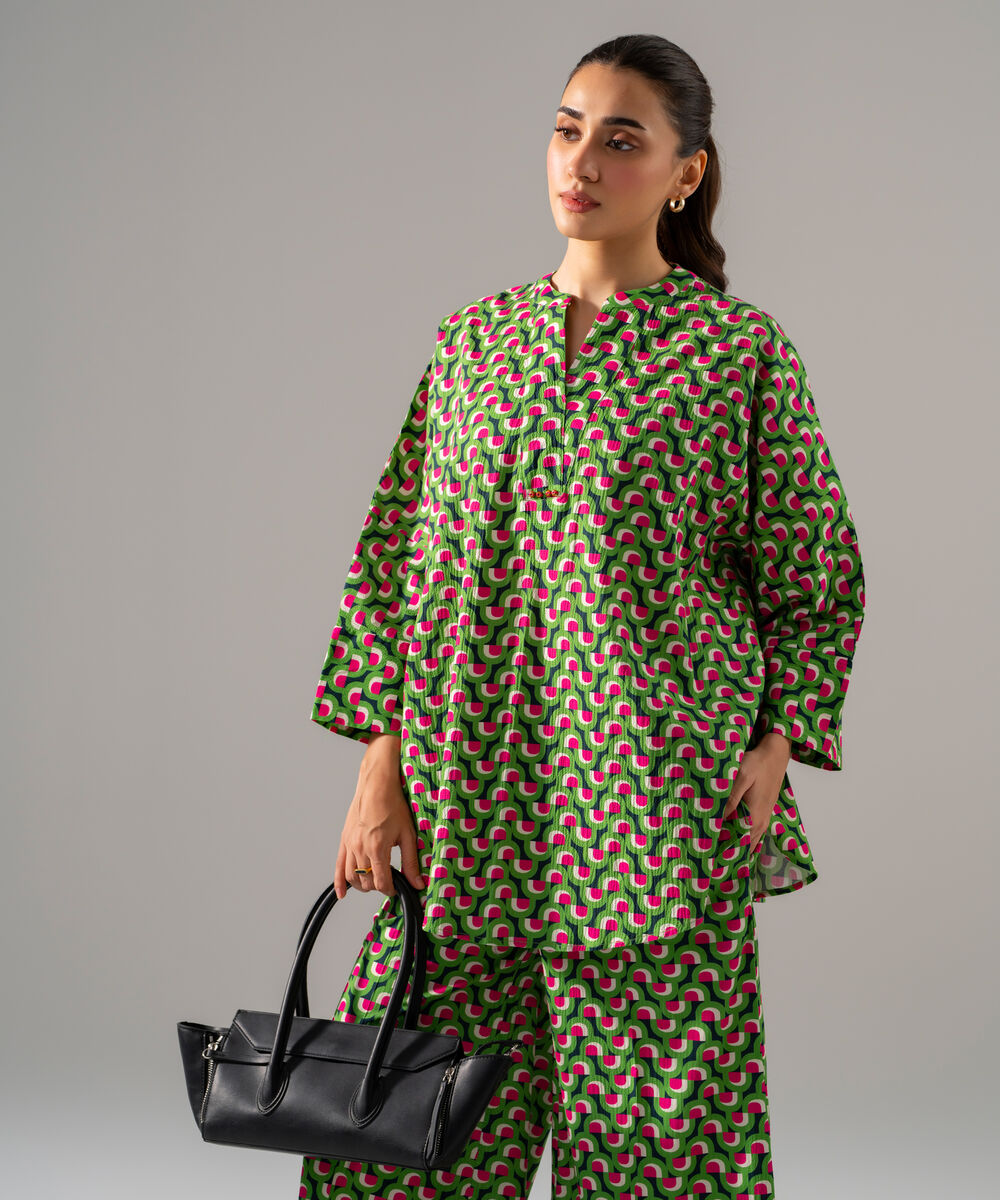 Women's RTW Seersucker Printed Green 2 Piece Suit