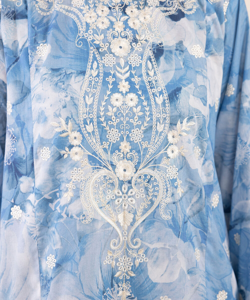 Women's RTW Lawn Blue Embroidered A-Line Shirt