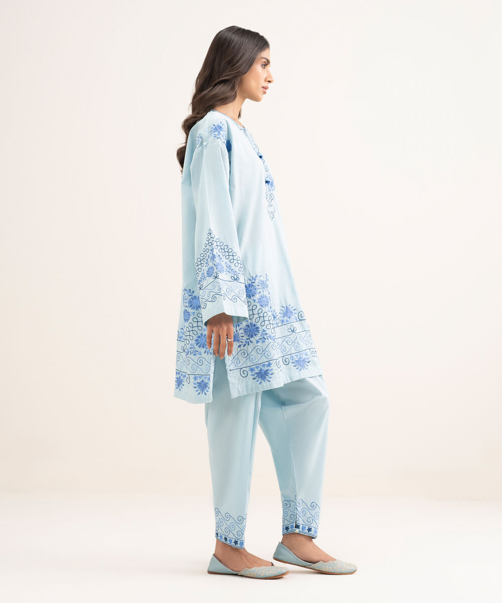 Women's RTW Self Jacquard Embroidered Blue Straight Shirt