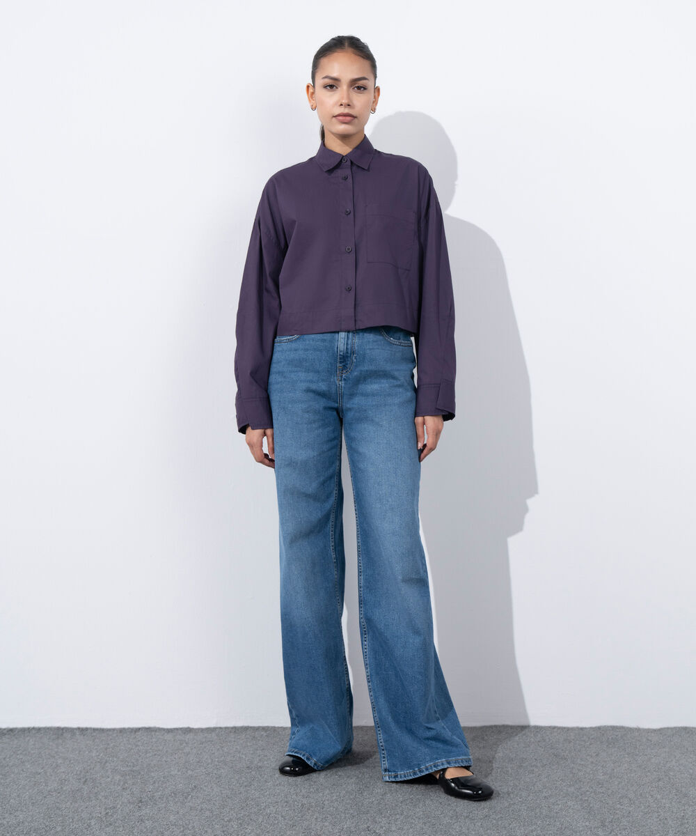 Women's Western Wear Purple Crop Shirt With Overlapped Cuff