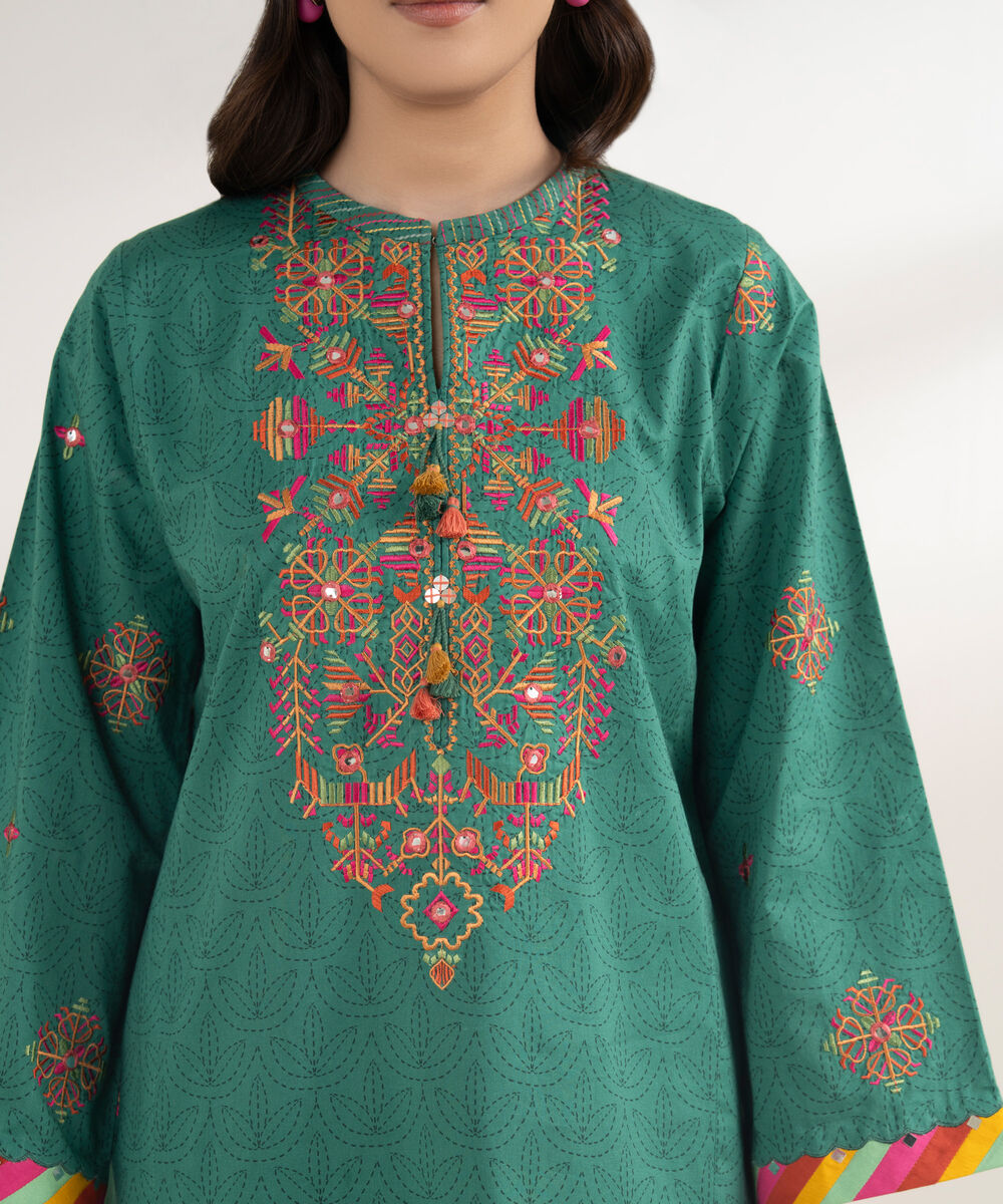 Women's Unstitched Cotton Embroidered Green 3 Piece Suit