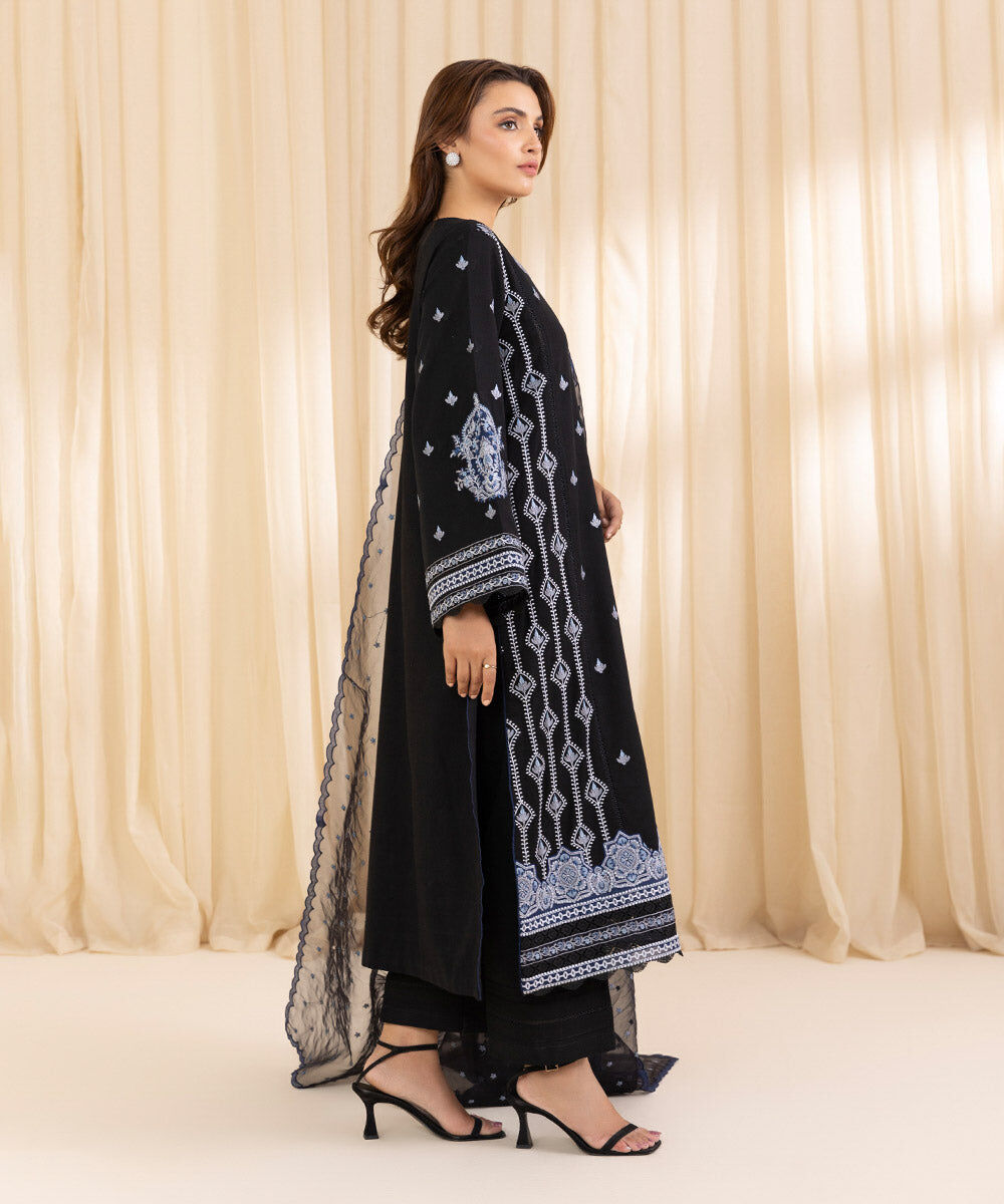 Women's Unstitched Black Cotton Karandi Three Piece Suit
