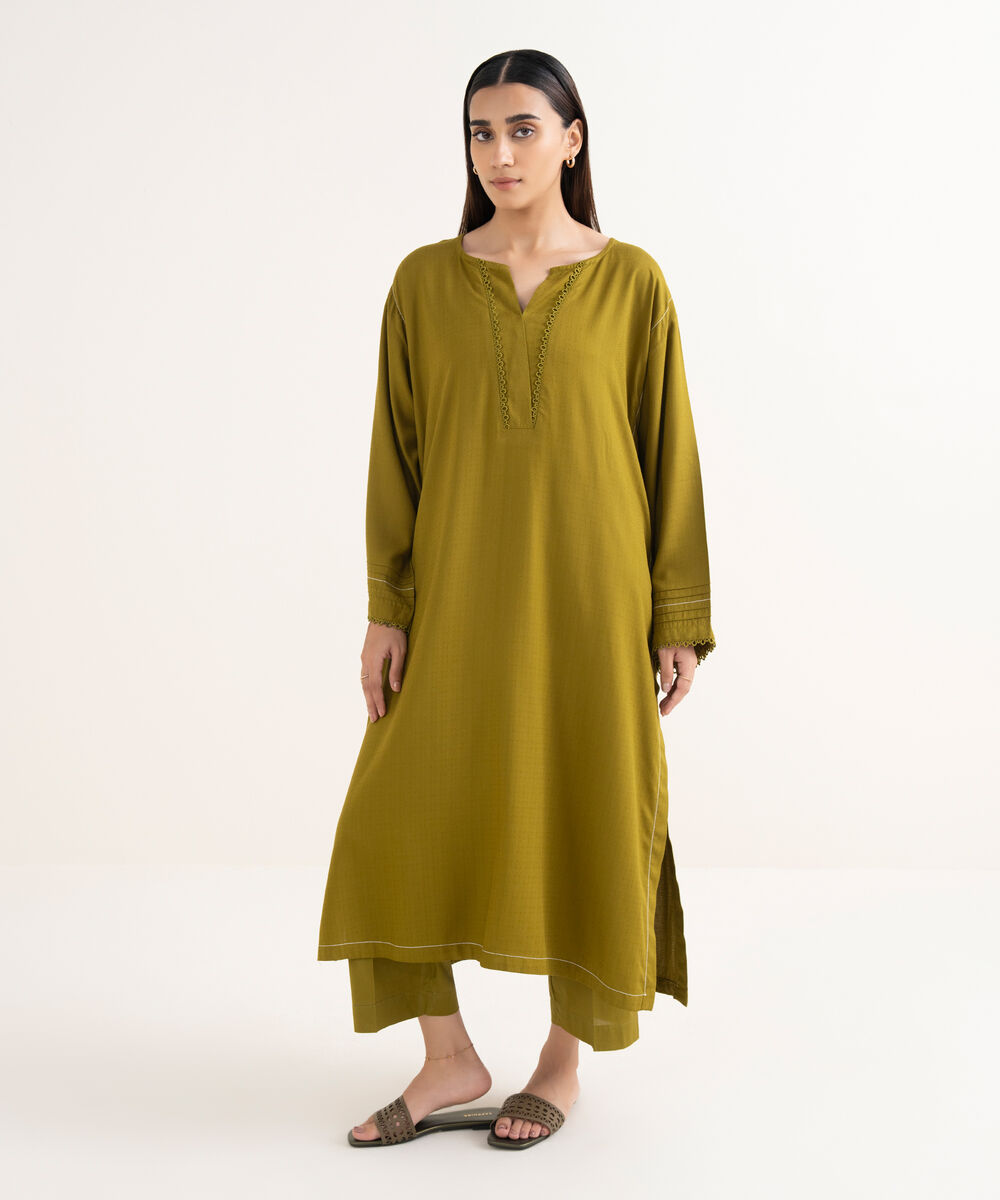 Women's RTW Textured Arabic Green Solid Drop Shoulder Shirt