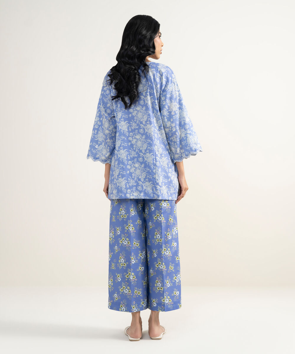 Women's RTW Dobby Embroidered Blue Straight Shirt