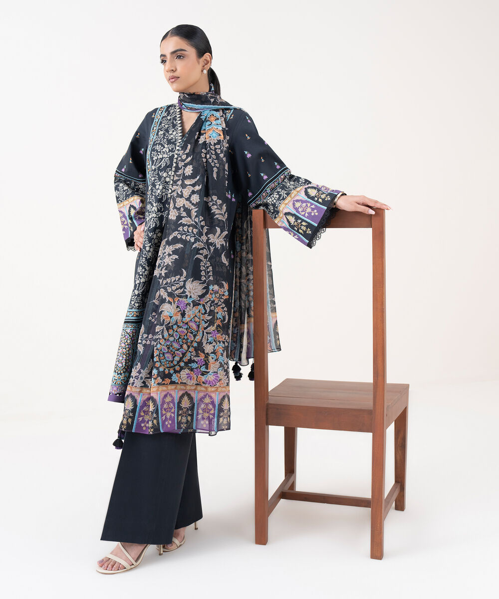 Women's Unstitched Cotton Printed Blue 3 Piece Suit