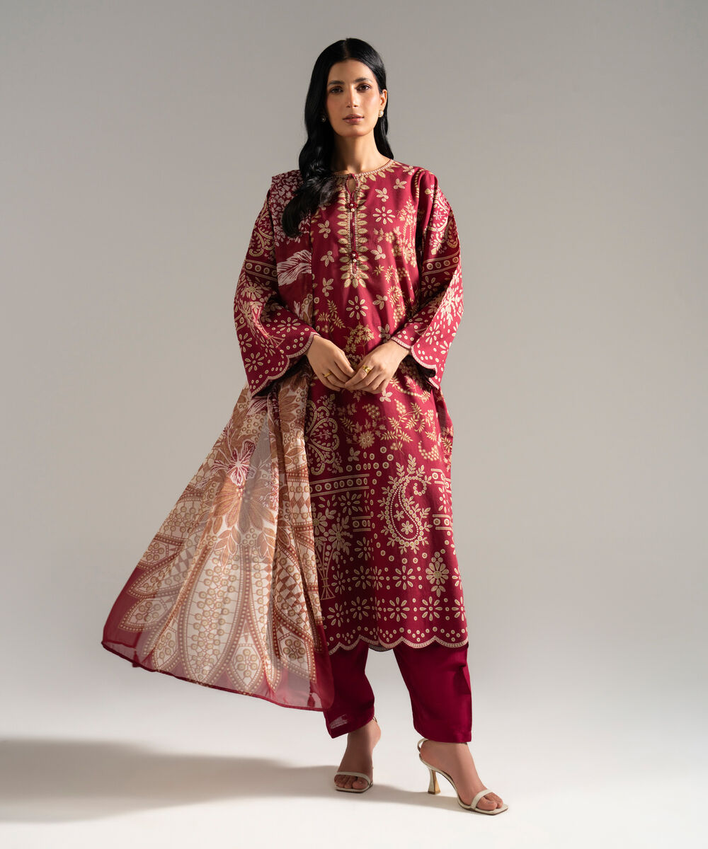 Women's RTW Slub Lawn Printed Red 3 Piece Suit