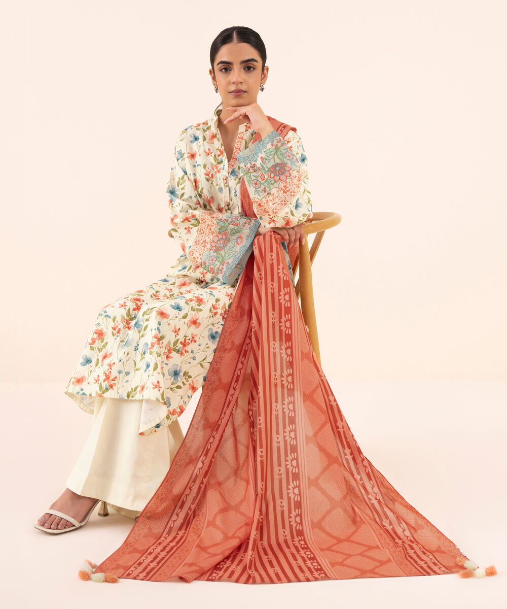 Women's Unstitched Cotton Embroidered Multi 3 Piece Suit