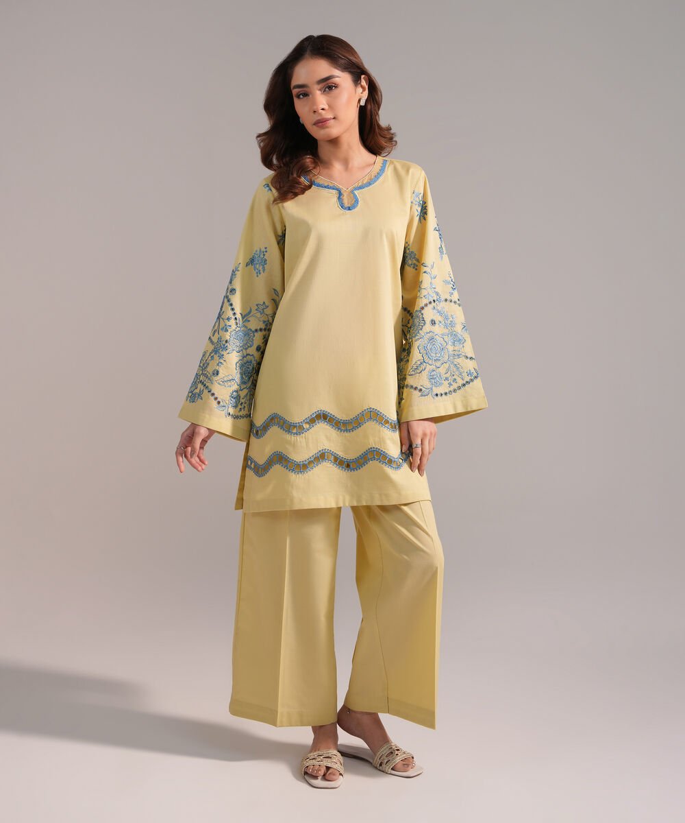 Women's RTW Crosshatch Embroidered Pale Yellow Straight Shirt