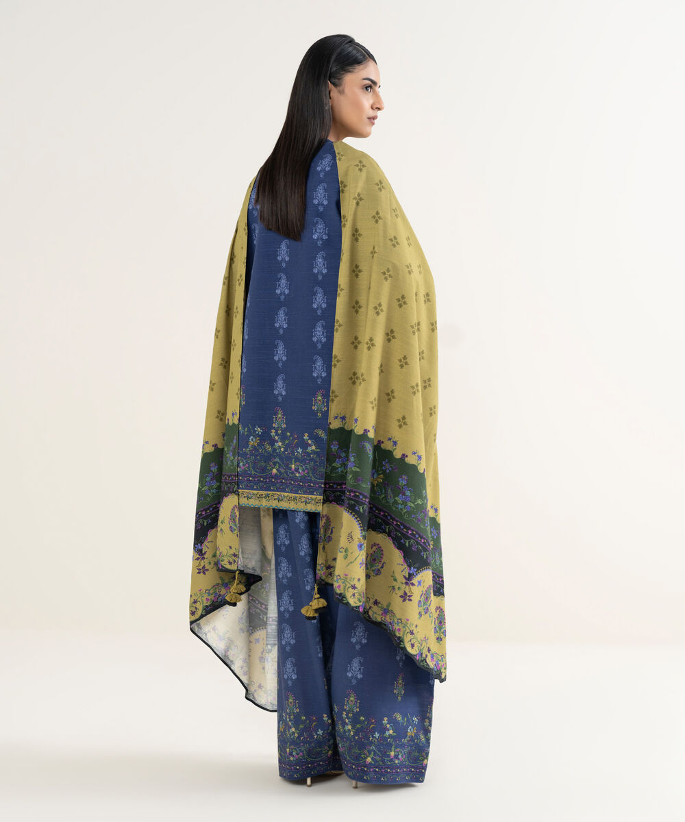 Women's Unstitched Printed Light Khaddar Blue 3 Piece Suit