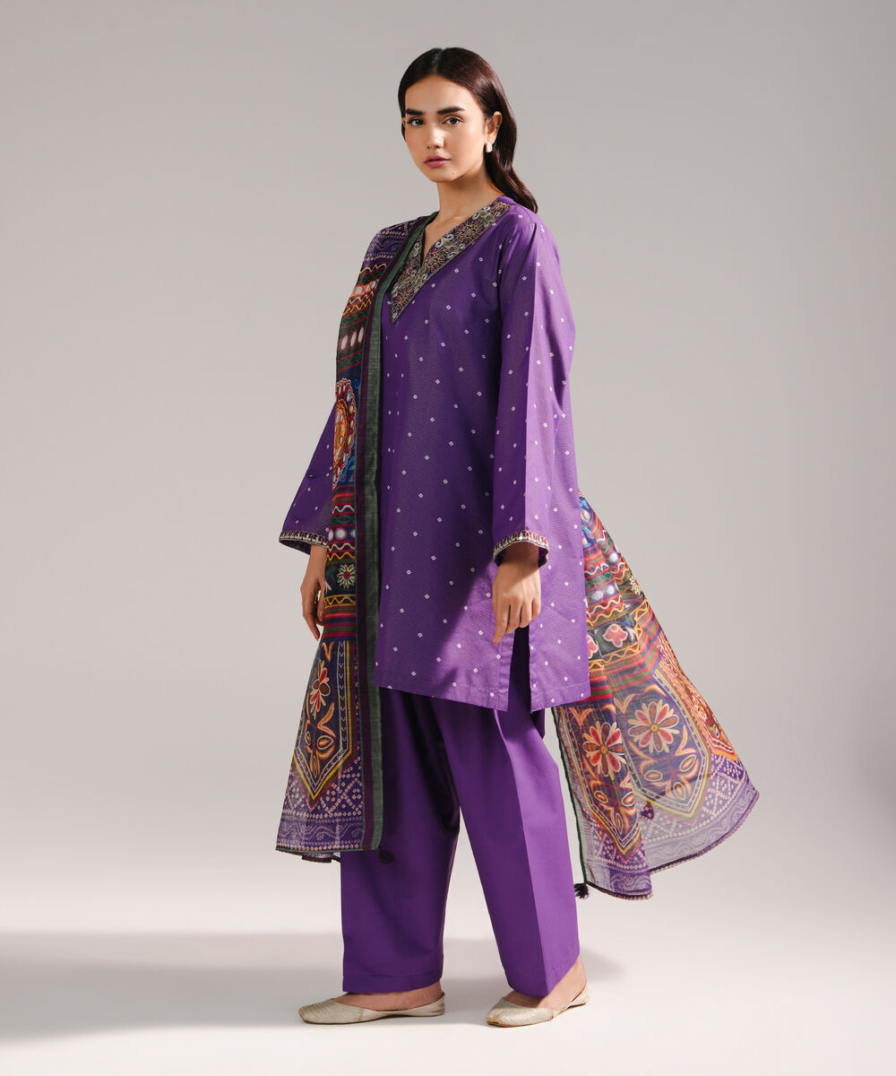 Women's RTW Zari Lawn Embroidered Purple 3 Piece Suit