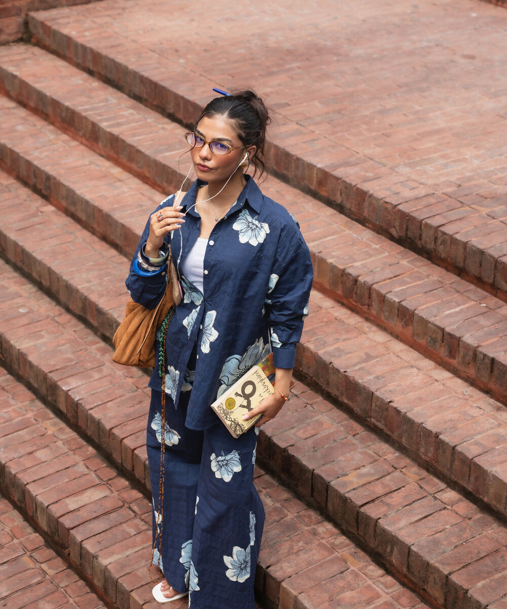 Women's RTW Seersucker Printed Blue 2 Piece Suit