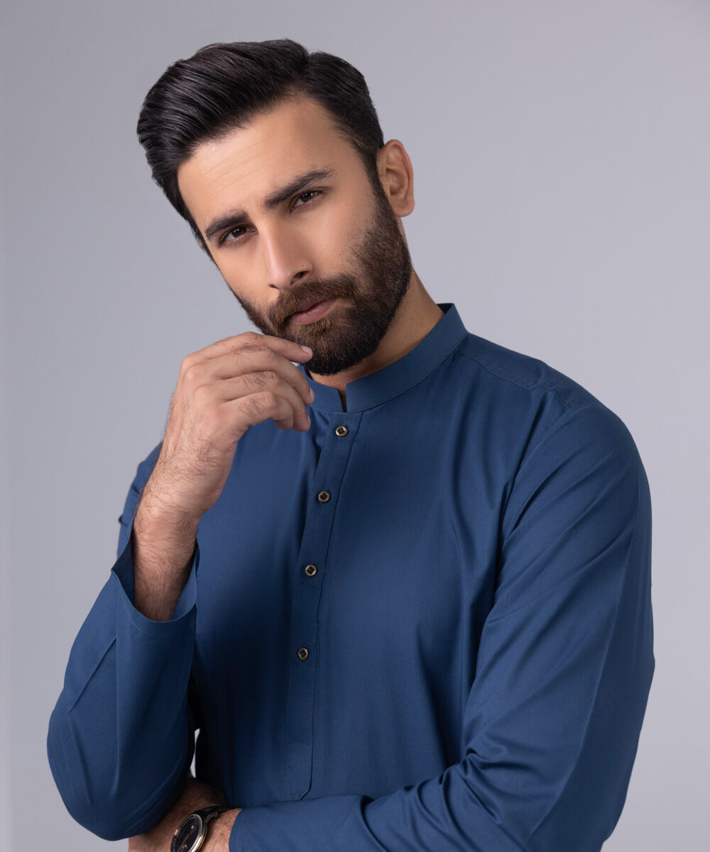 Men's Blended Stitched Plain Blue Kurta