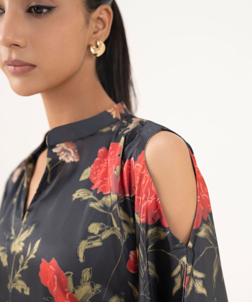 Women's RTW Blended Satin Black Printed Kaftan