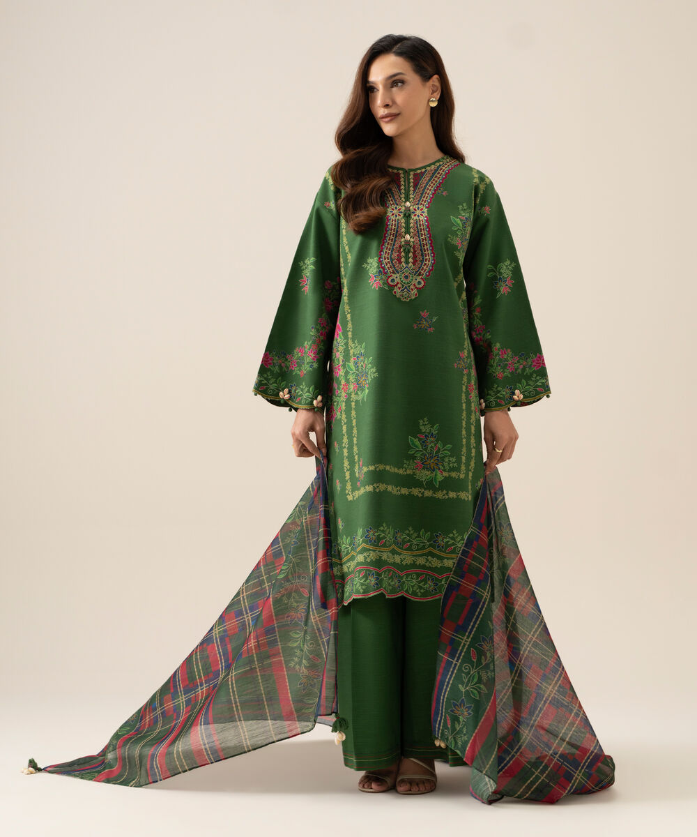 Women's Unstitched Light Khaddar Printed Green 3 Piece Suit