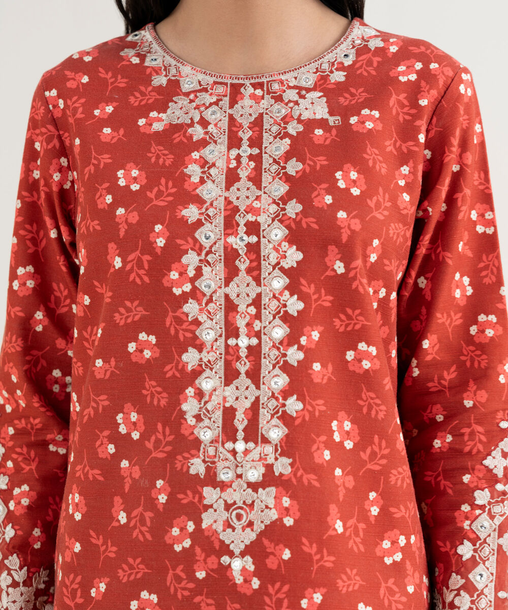 Women's Unstitched Embroidered Khaddar Red 3 Piece Suit
