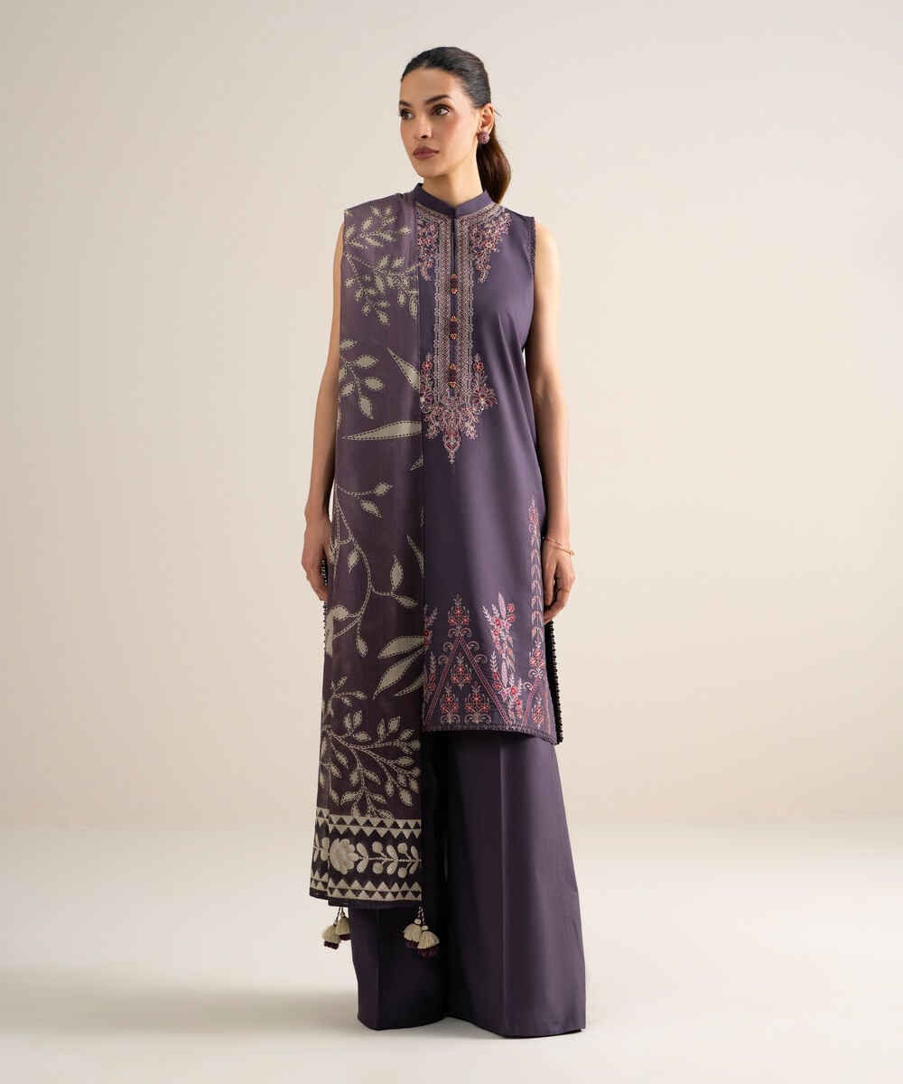 Women's Unstitched Lawn Embroidered Dull Purple  3 Piece Suit