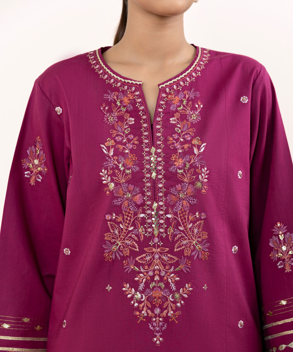 Women's Unstitched Raw Silk  Embroidered Magenta  3 Piece Suit