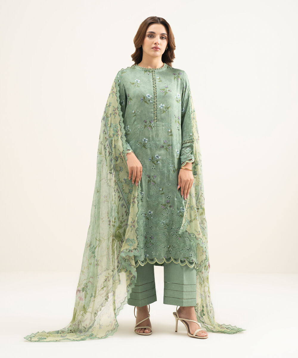 Women's Unstitched Viscose Satin Green Embroidered 3 Piece Suit