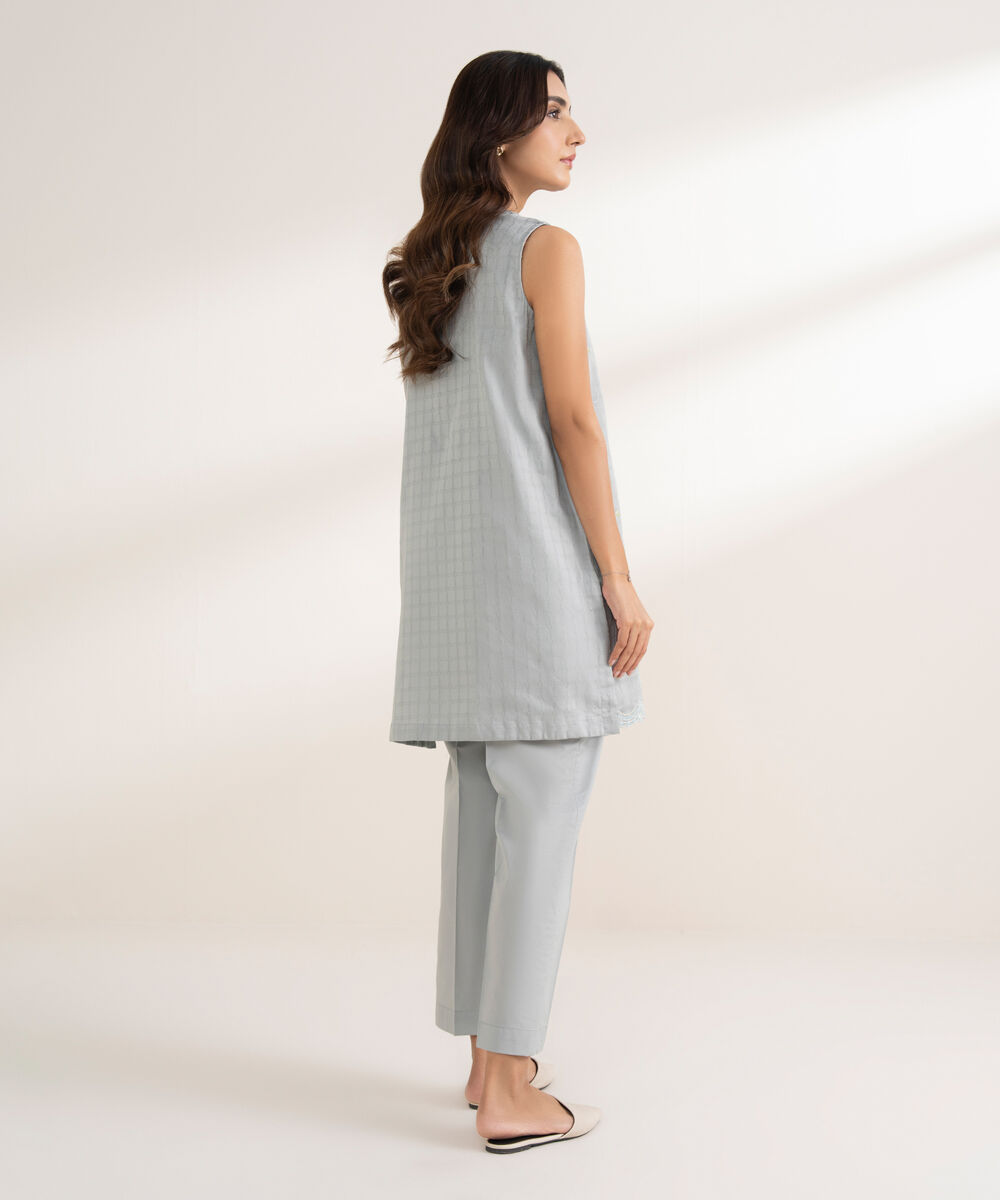 Women's RTW Textured Cotton Embroidered Straight Grey Shirt