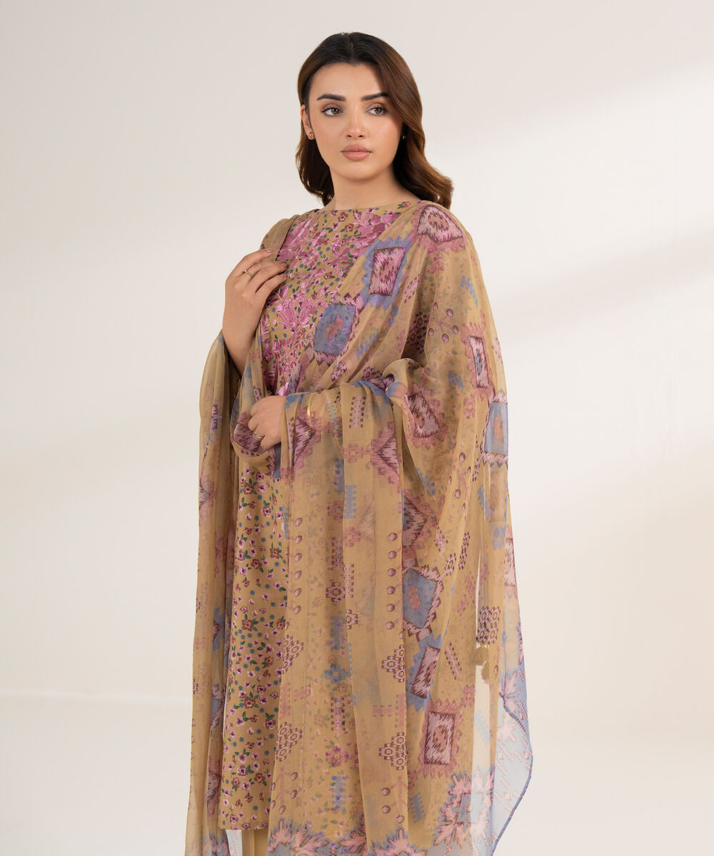 Women's Unstitched Cotton Embroidered Multi 3 Piece Suit