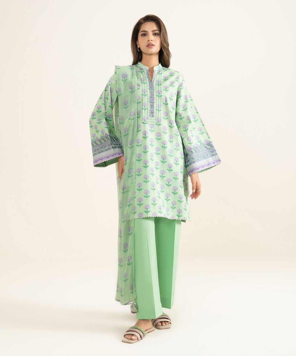 Women's Unstitched Lawn Embroidered Green 3 Piece Suit