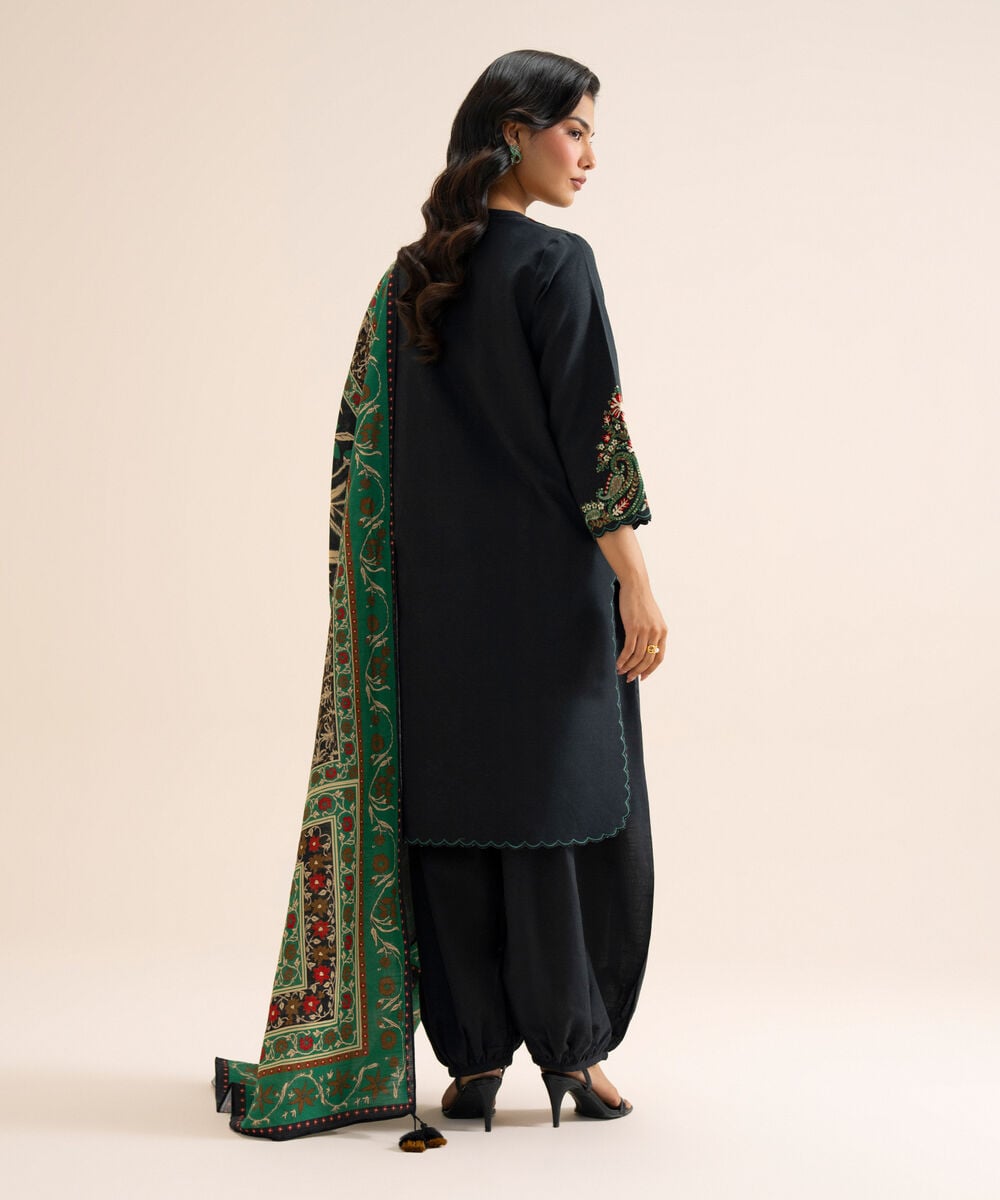 Women's Unstitched Light Khaddar Embroidered Green & Black 3 Piece Suit