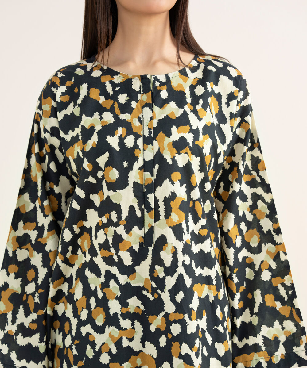 Women's RTW Cambric Black Printed A-Line Shirt