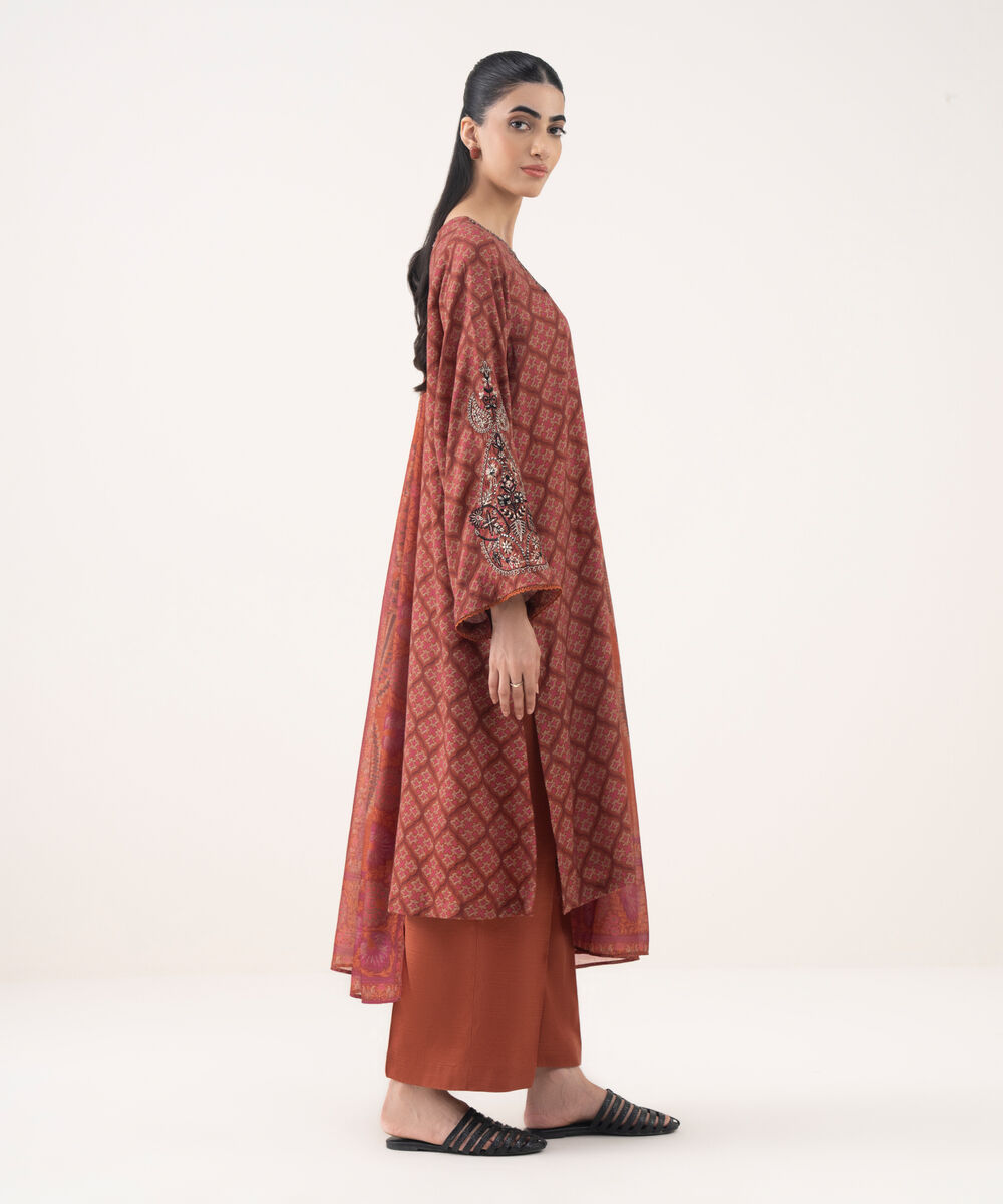 Women's RTW Textured Viscose Embroidered Rust 3 Piece Suit