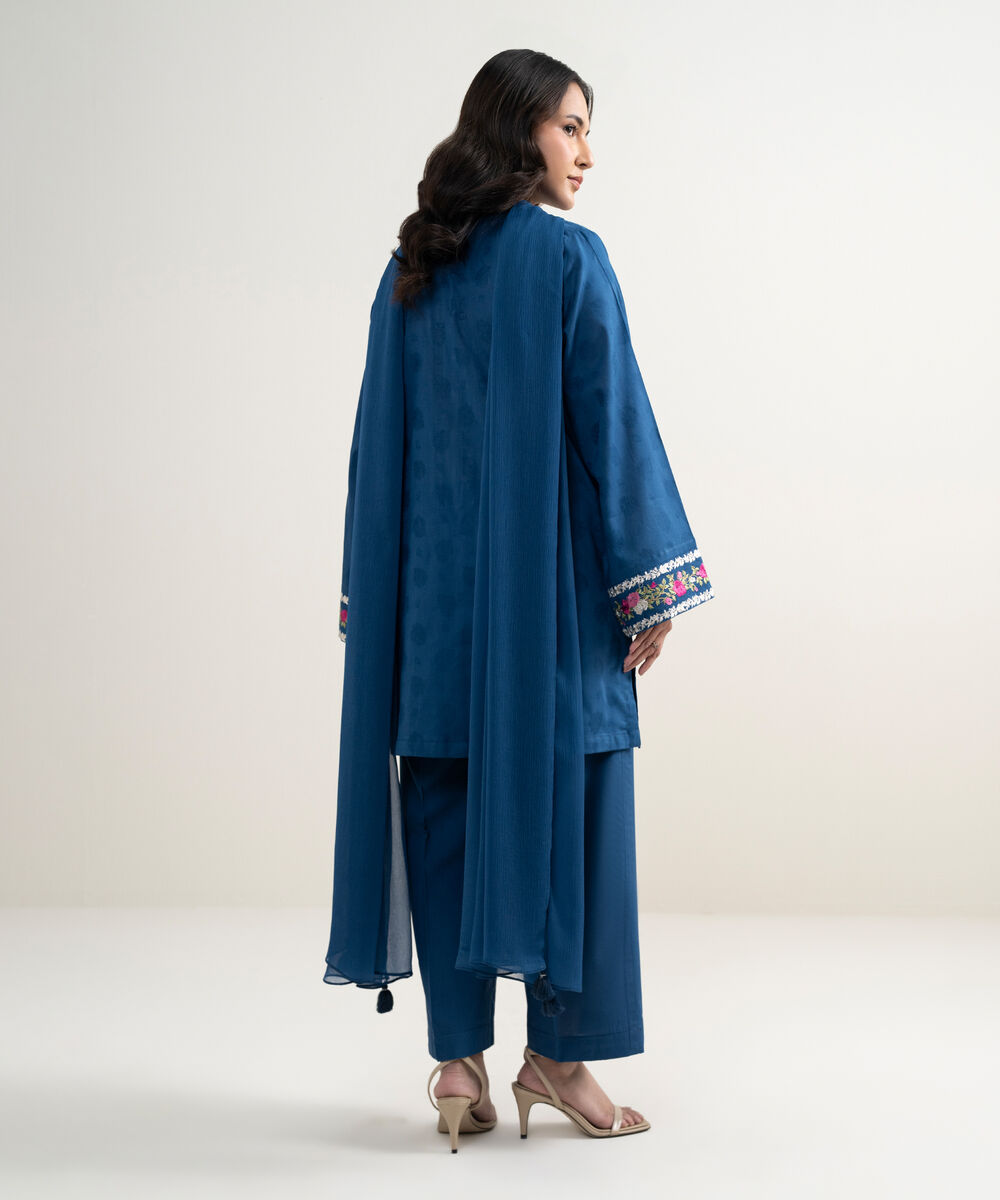 Women's RTW Self Jacquard Embroidered Blue 3 Piece Suit