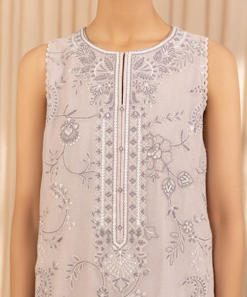 Unstitched Women's Embroidered Blended Khaddi Net Beige Three Piece Suit