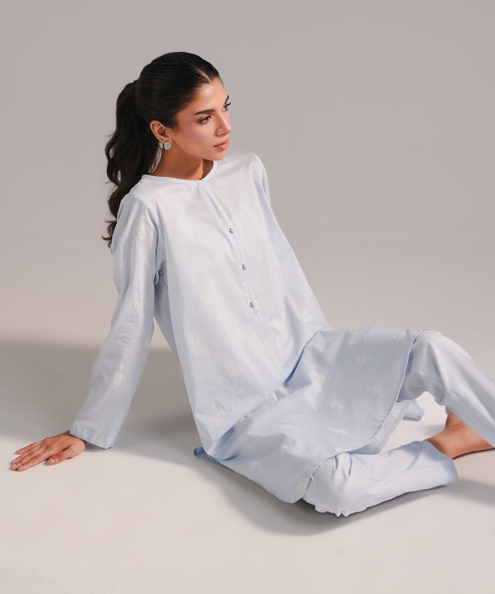 Women's RTW Lawn Printed Ice Blue Straight Shirt