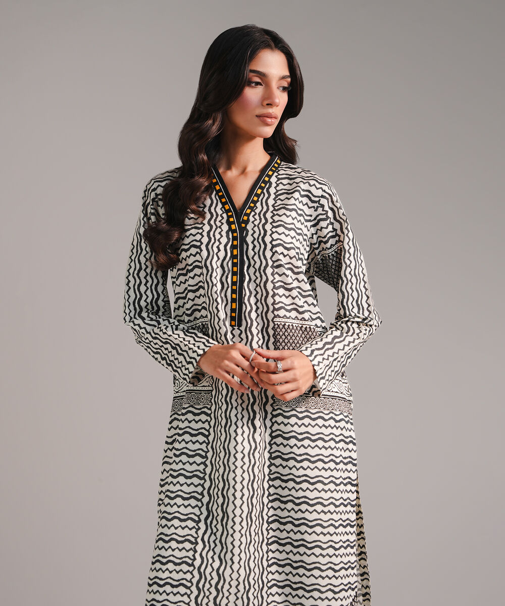 Women's RTW Slub Lawn Printed Off White Straight Shirt