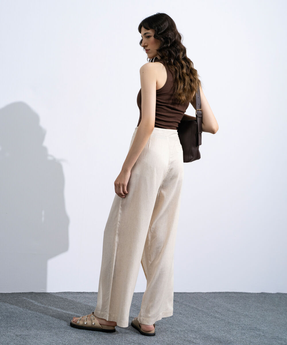 Women's Off White Asymmetrical Linen Blend Trousers