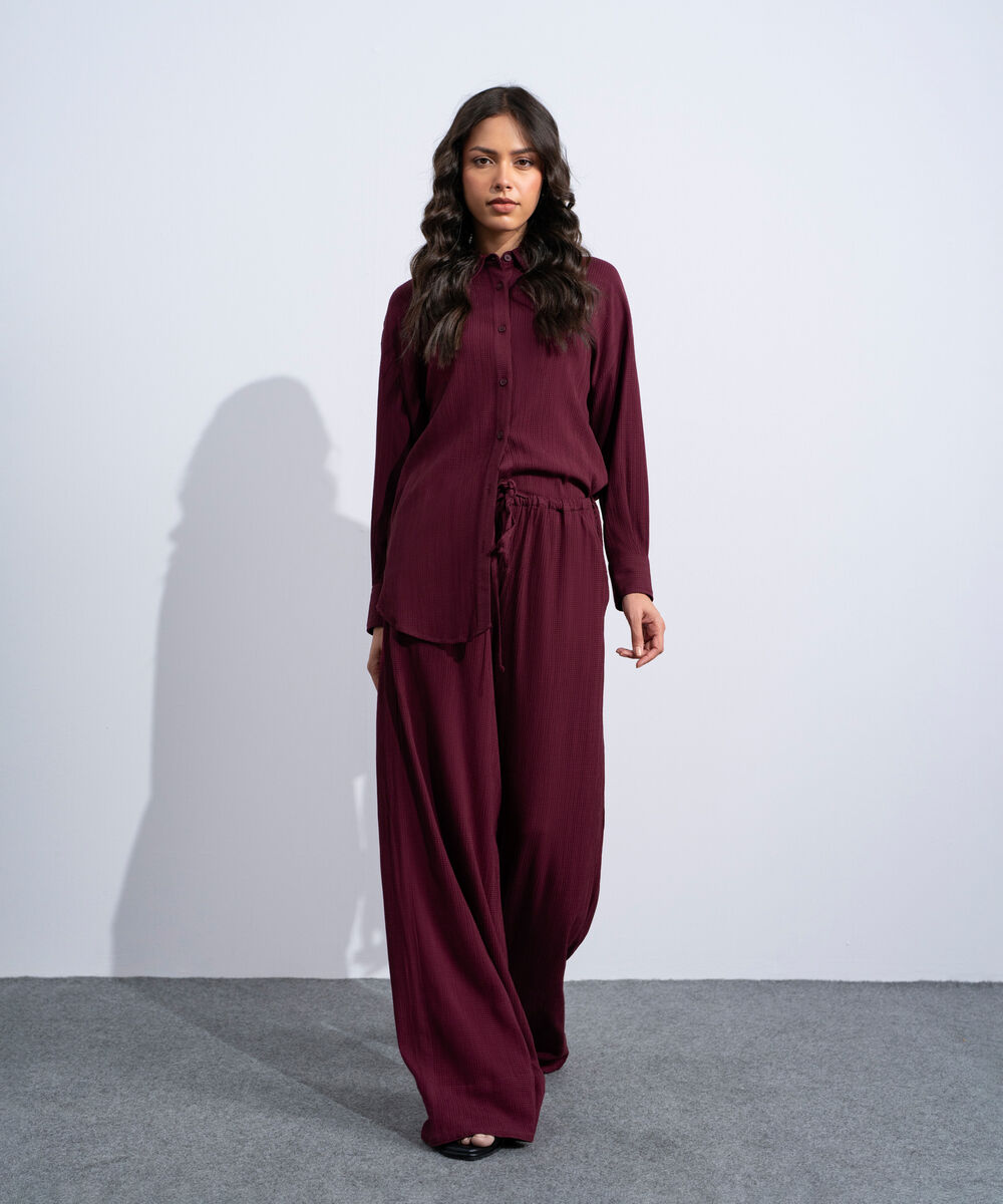 Women's Western Burgundy Wide-Leg Seersucker Trousers