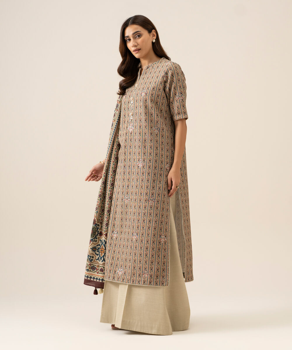 Women's Unstitched Light Khaddar Embroidered Beige 3 Piece Suit