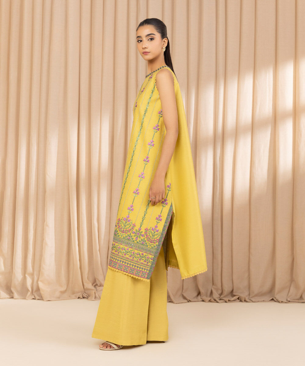 Unstitched Women's Embroidered Cotton Net Yellow Three Piece Suit