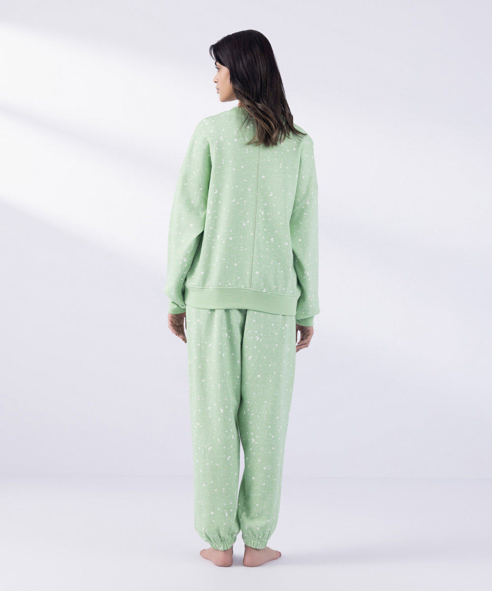 Woman - Green Oversized Printed Sweatshirt With Pajama Set