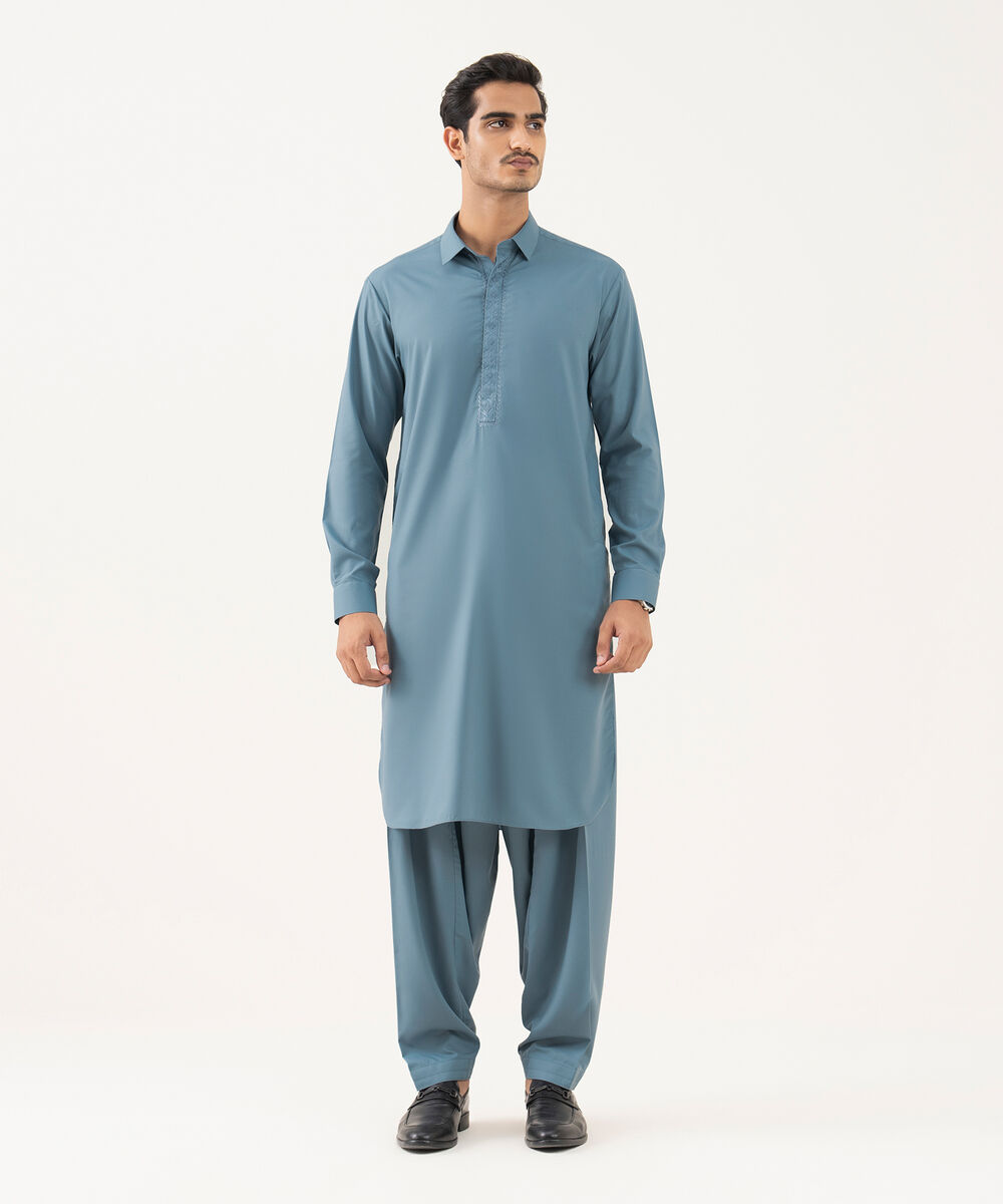 Men's Oxford Embroidered Blue Grey Kurta Shalwar